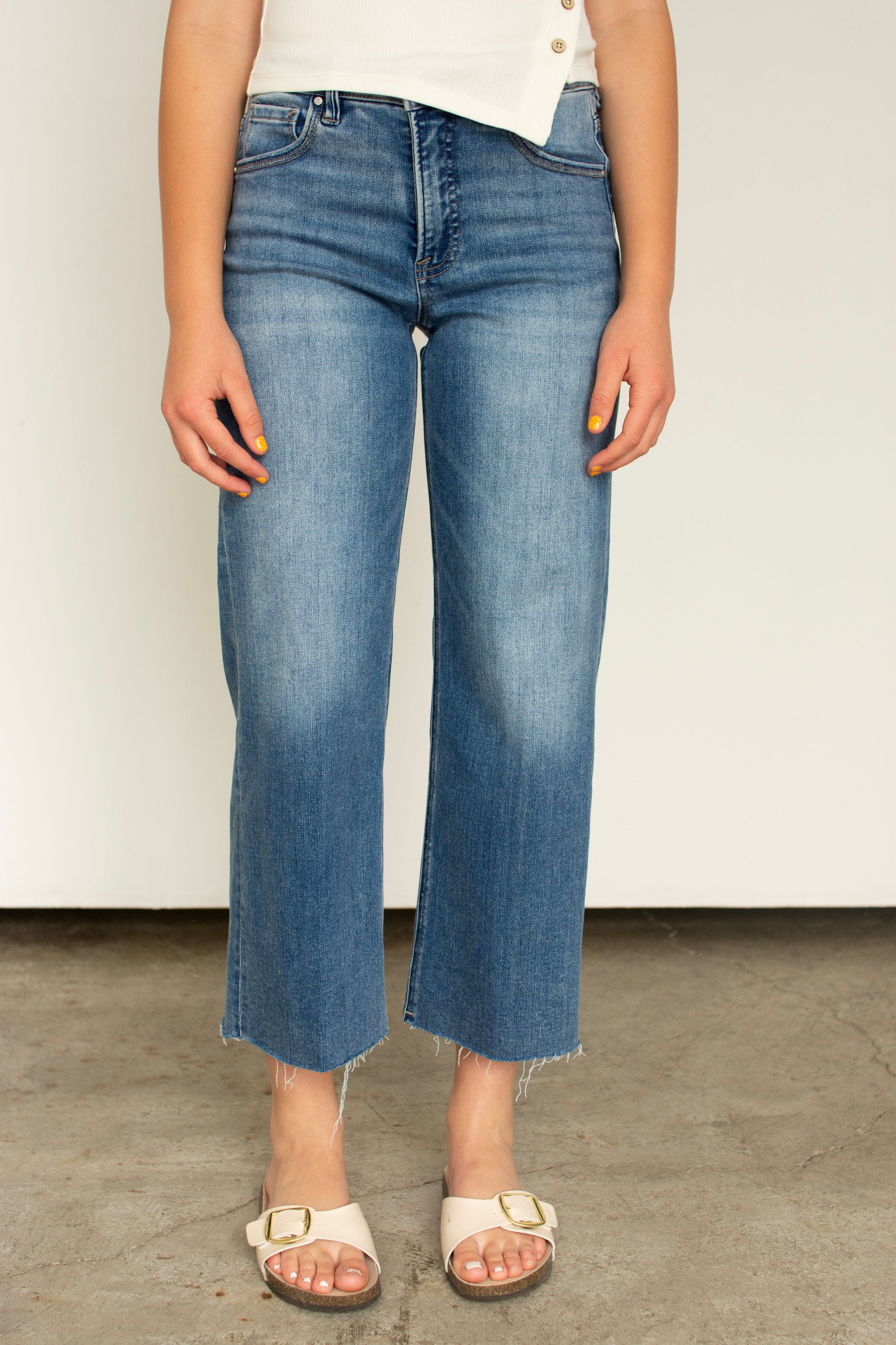 RISEN Tummy Control High Rise Crop Wide Creased Jeans