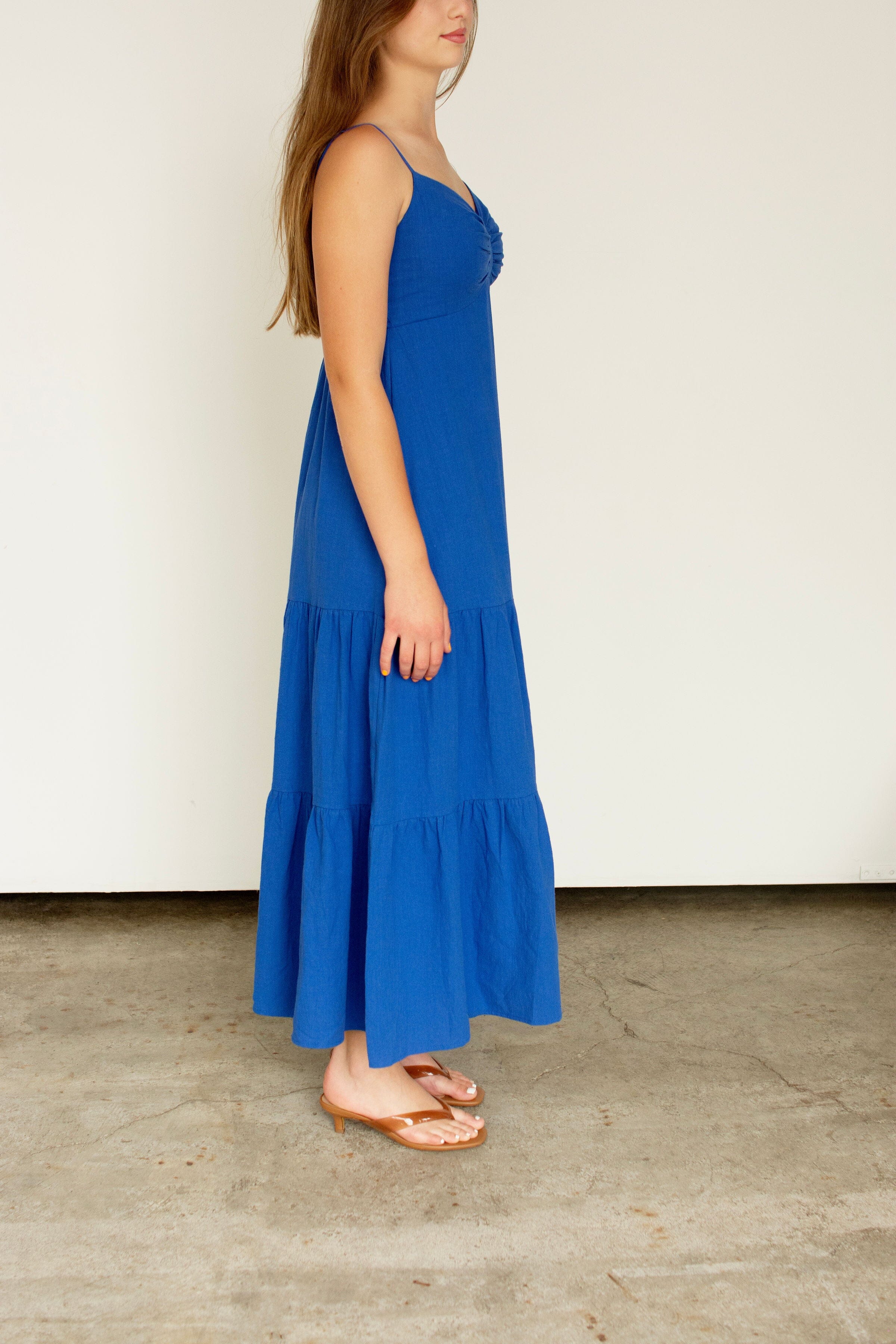 Royal Blue Smocked Back Ruched Cotton Maxi Dress with Pockets