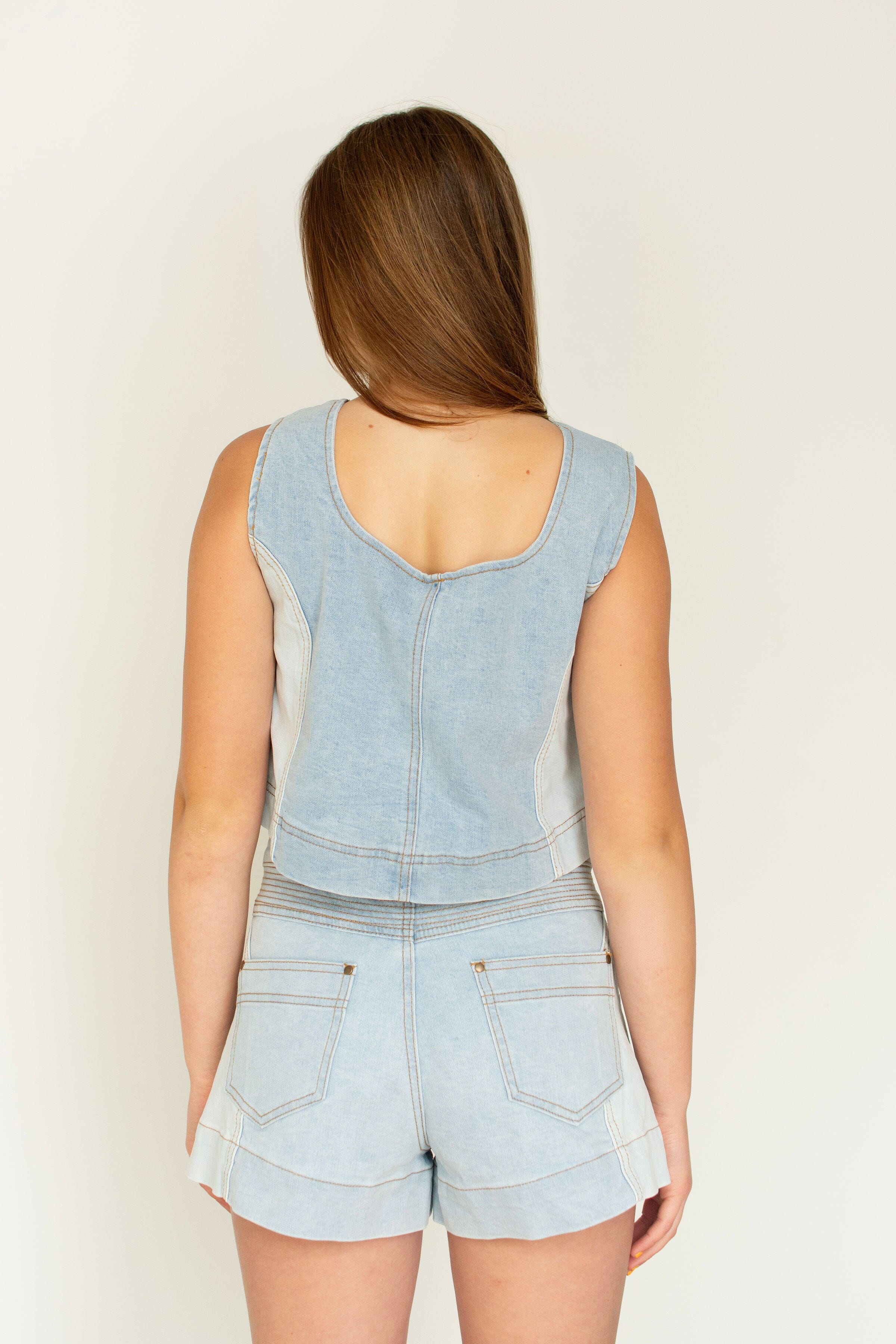 Mix Denim Color Block Sleeveless Top