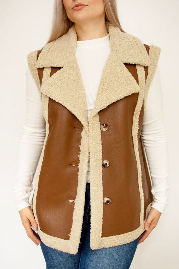 Brown Faux Leather Shearling Vest