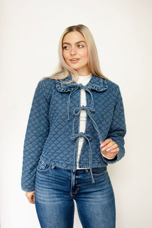 Denim Quilted Tie Front Jacket