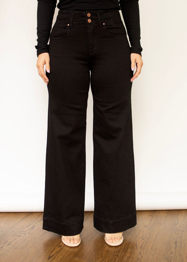 RISEN Black High Rise Wide Double Button Detail Jeans