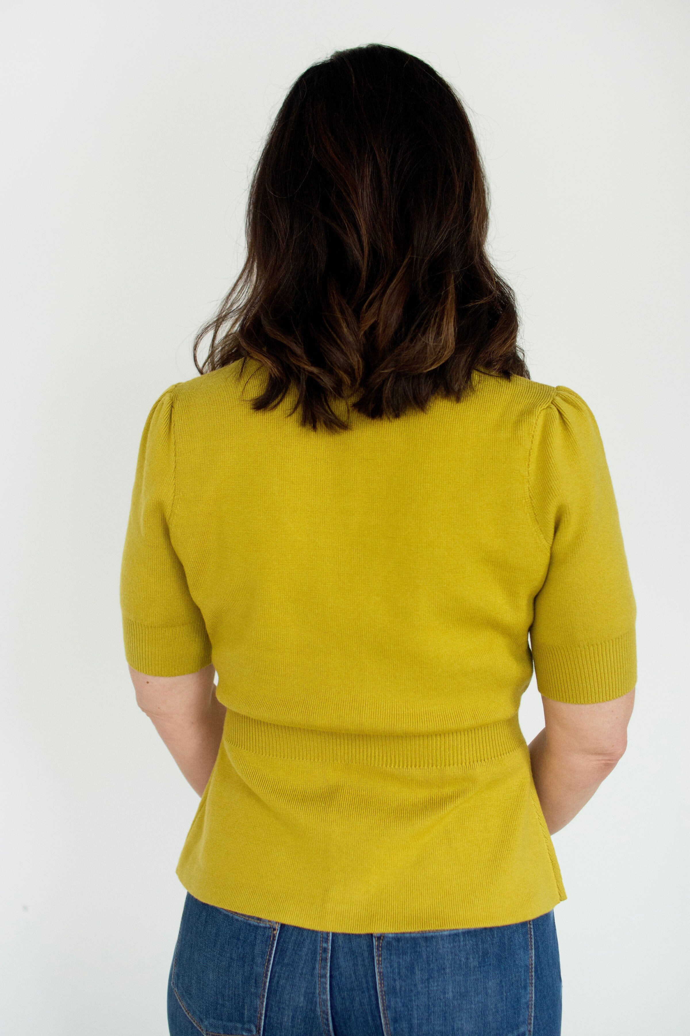 Chartreuse Ribbed Short Sleeve Cardigan | Chic Gold Button Knit Top