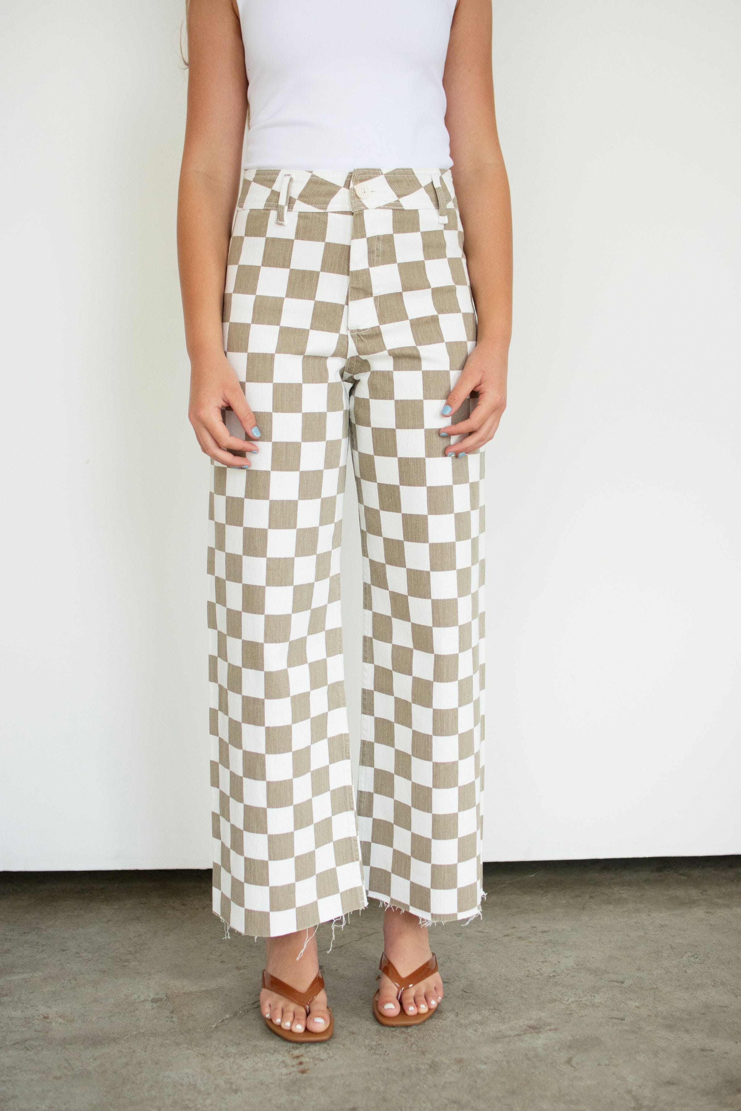 Tan Checkerboard High-Rise Wide-Leg Stretch Pants