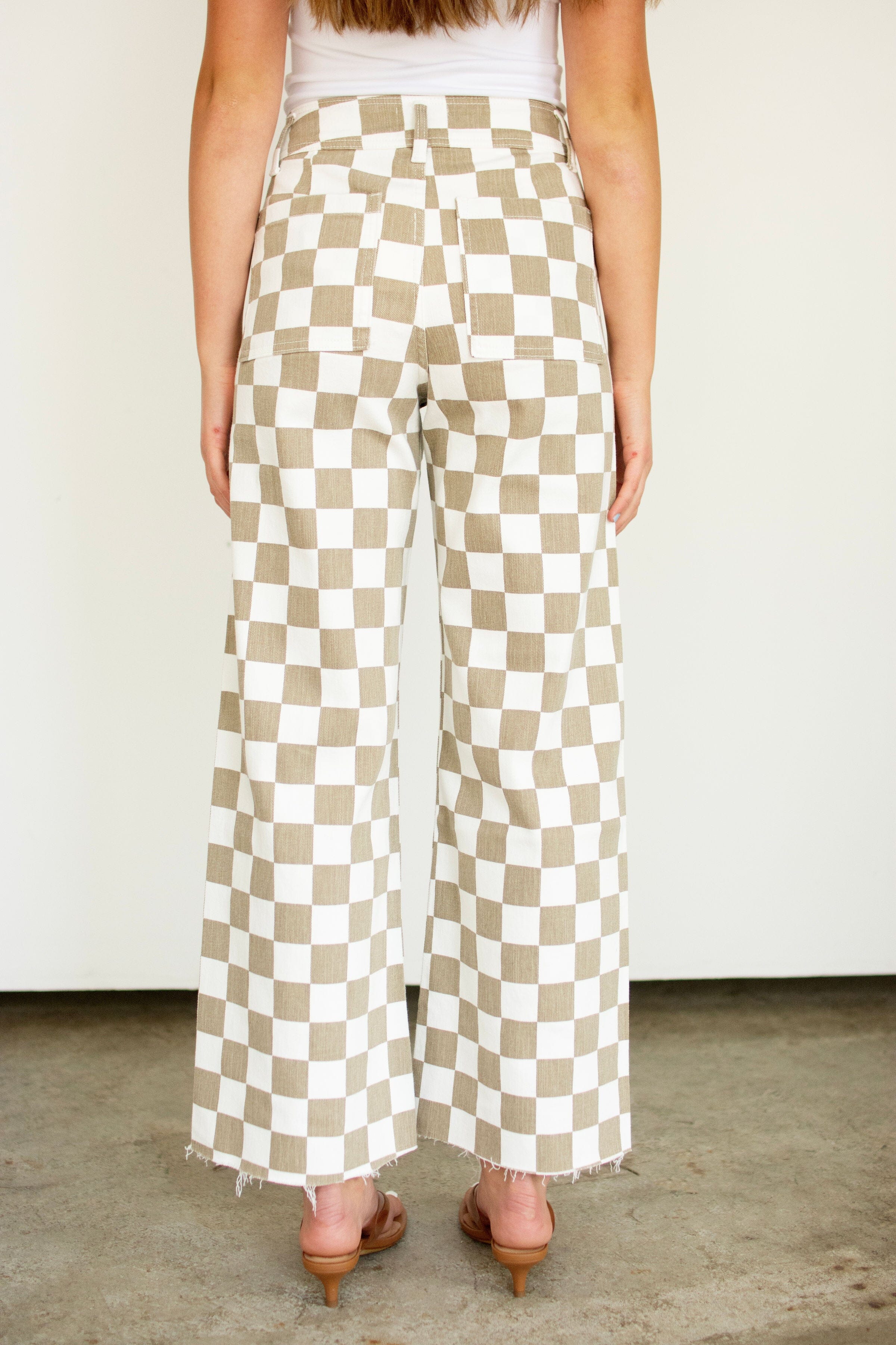 Tan Checkerboard High-Rise Wide-Leg Stretch Pants