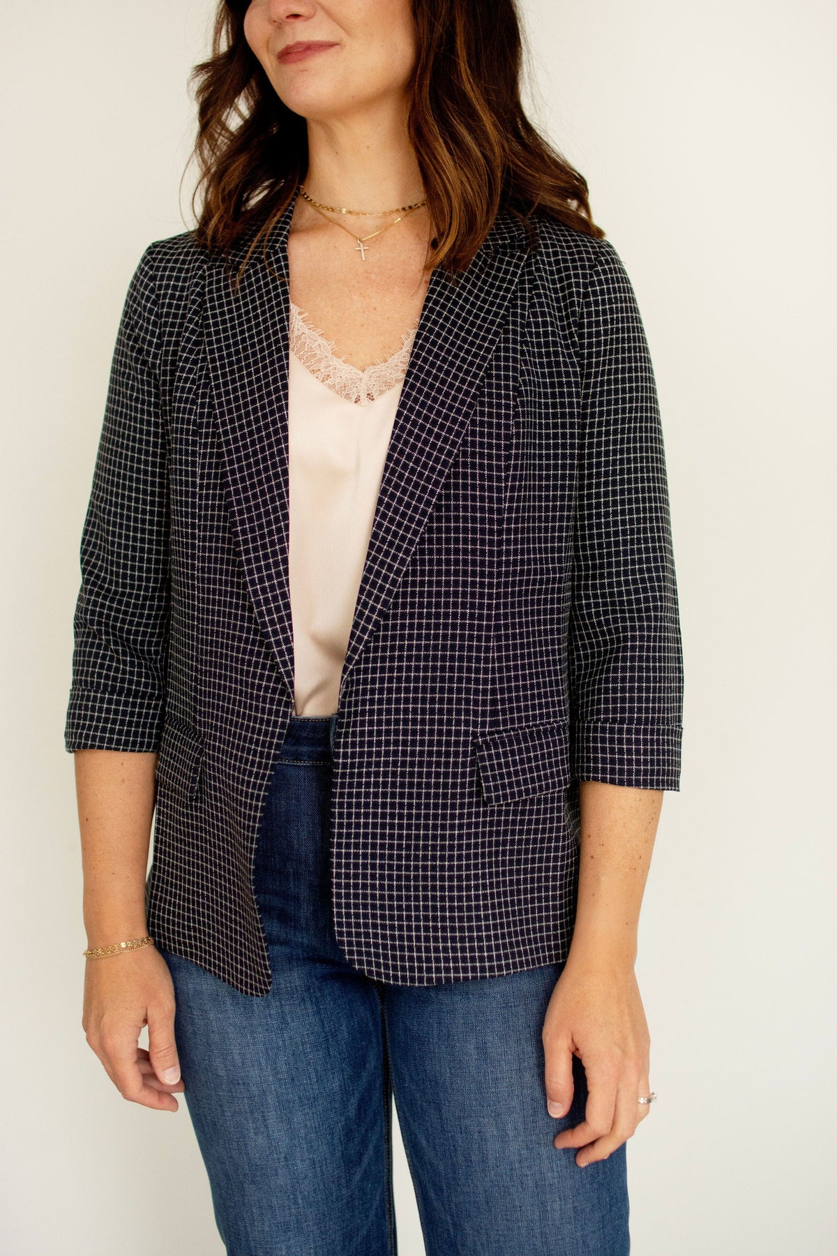 Navy Grid Print Cuffed 3/4 Sleeve Blazer - Modern Tailored Fit