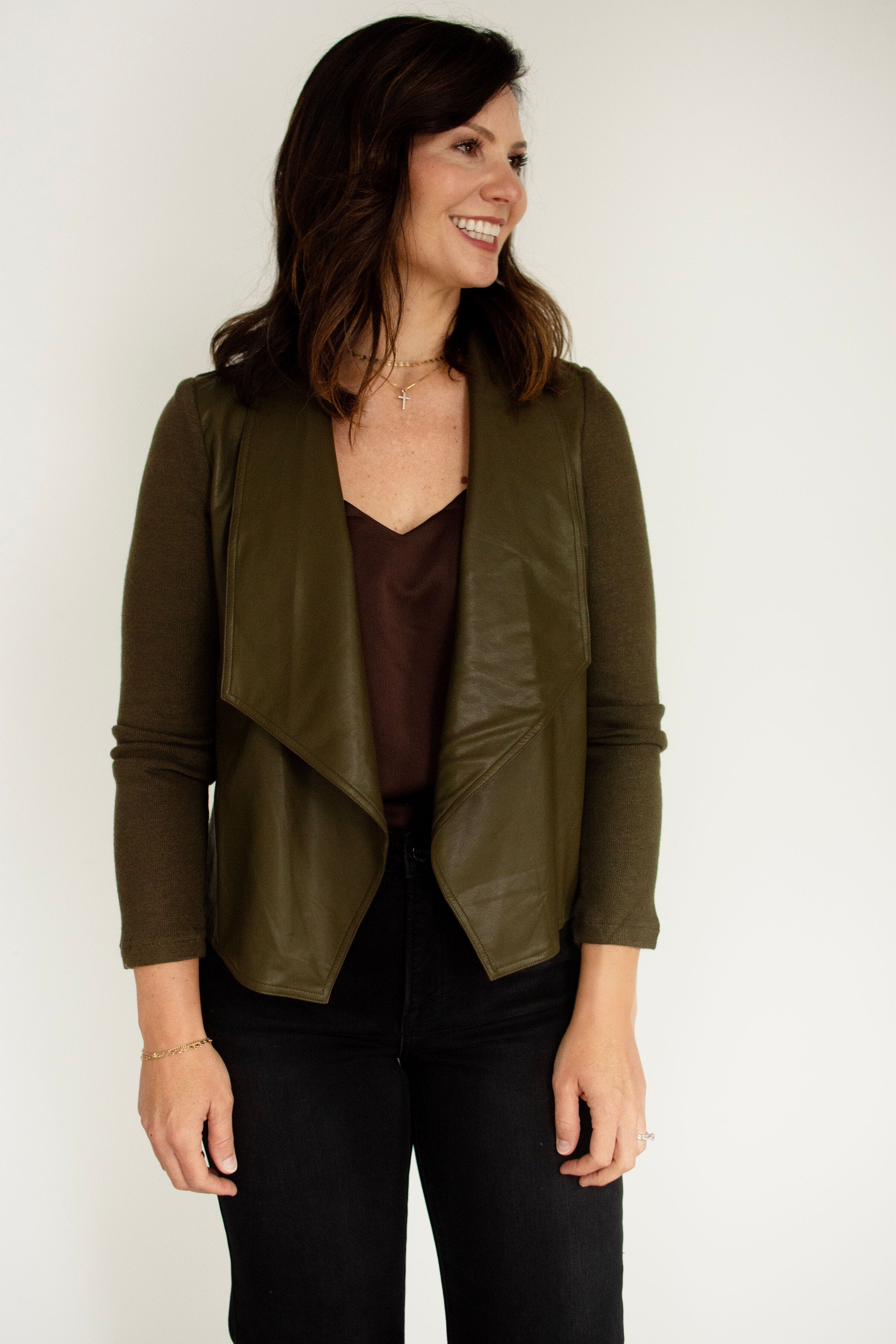 Olive Mixed Media Faux Leather Waterfall Jacket