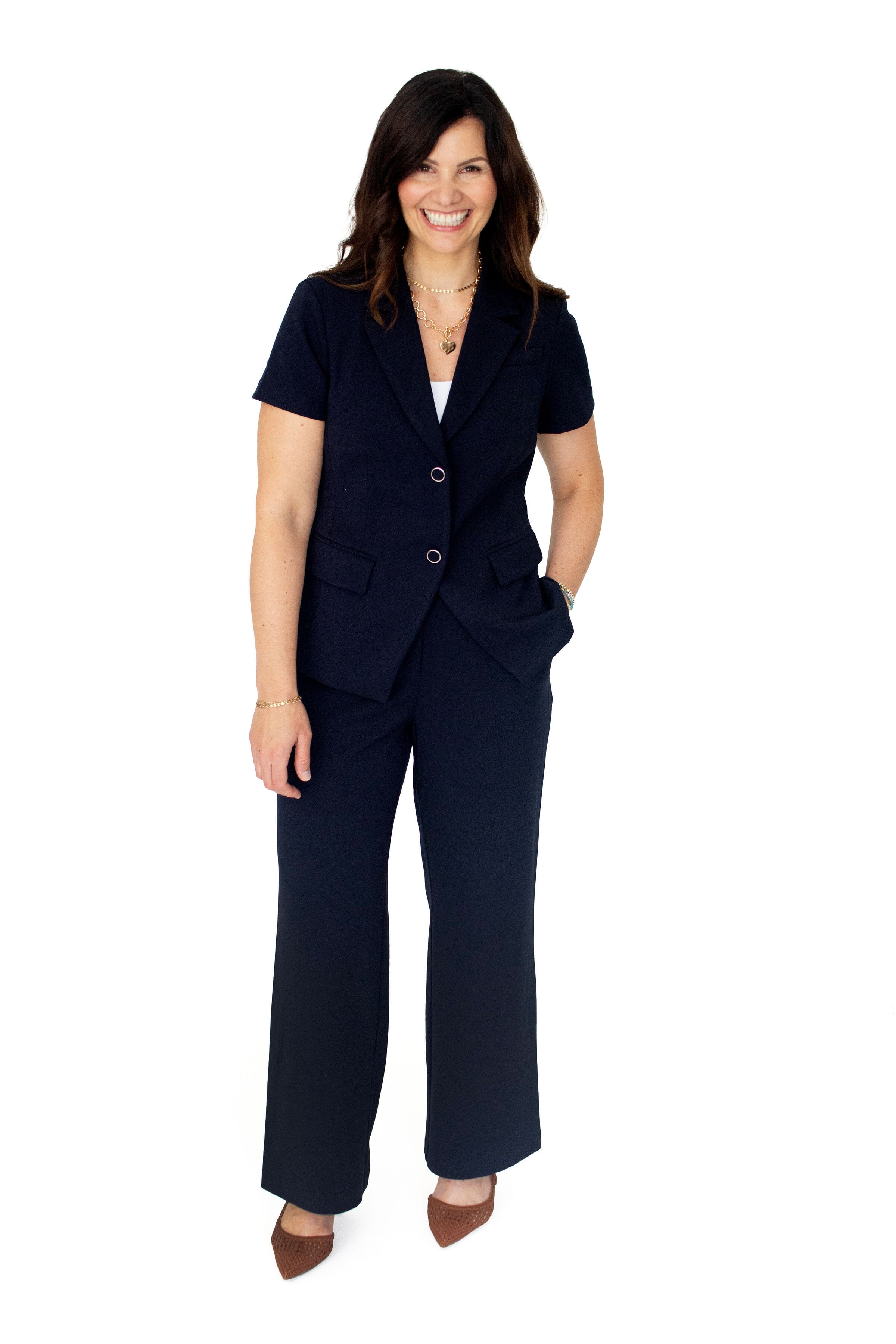 Navy Pintuck Tailored Straight-Leg Trousers