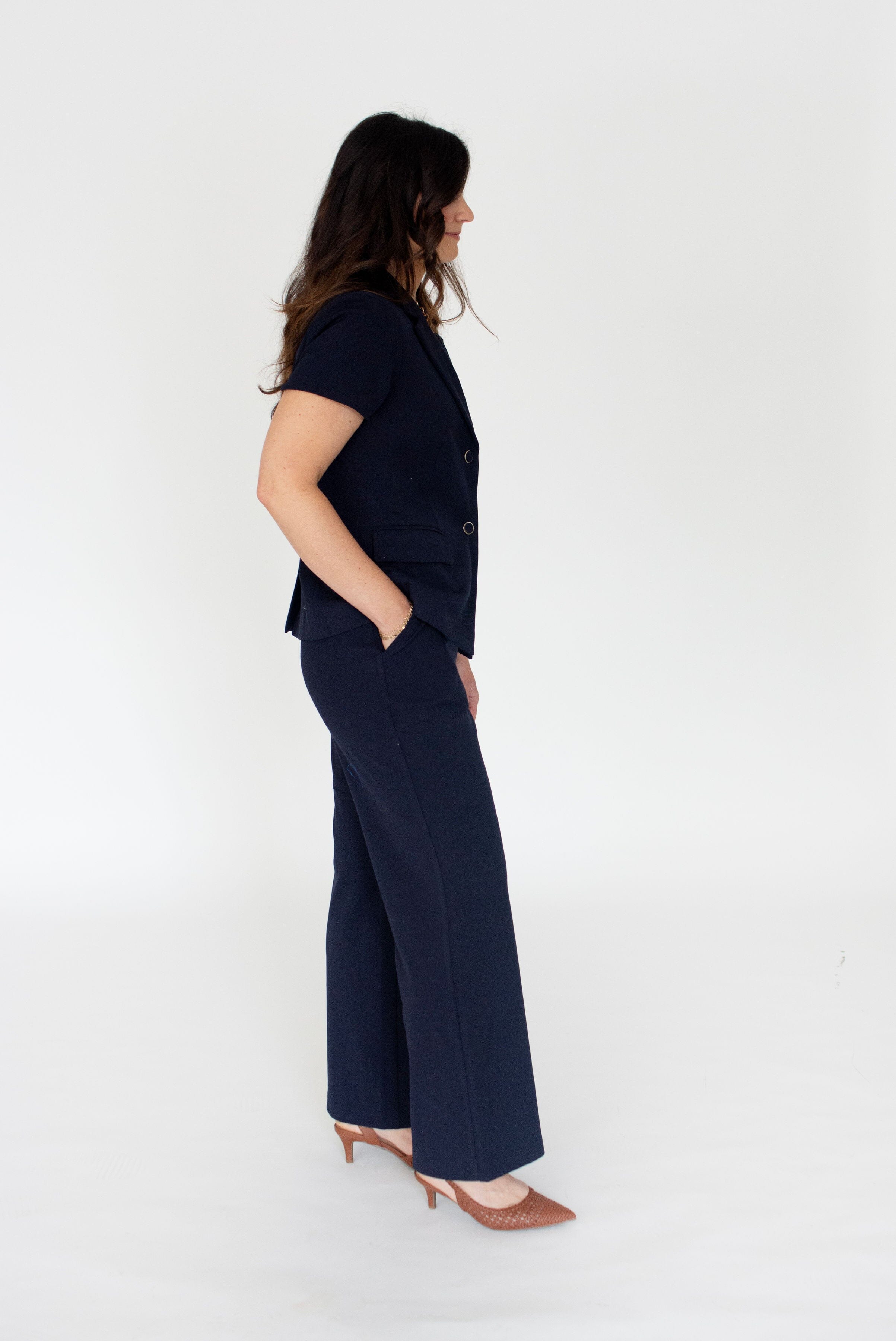 Navy Pintuck Tailored Straight-Leg Trousers