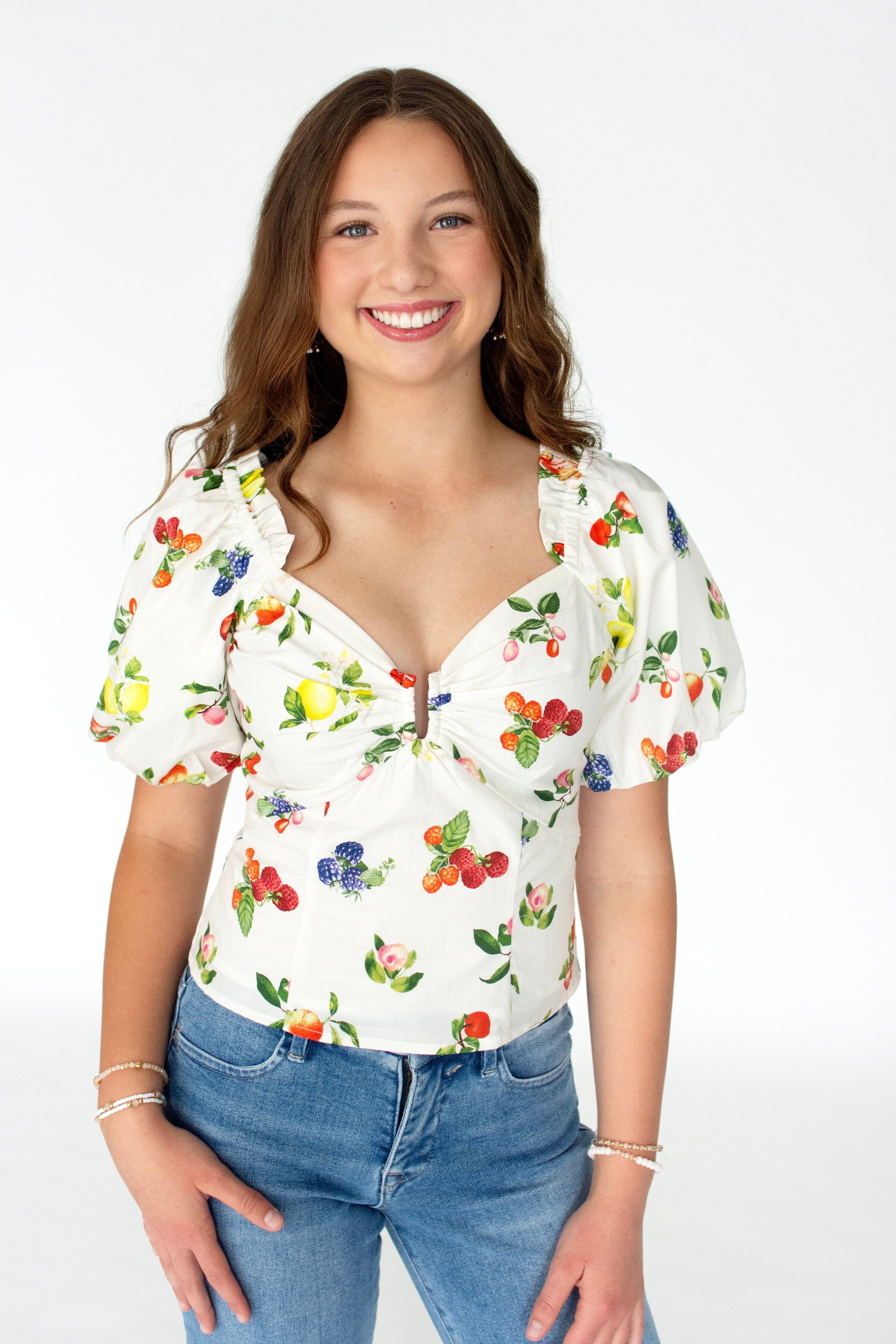 Fruit Print Puff Sleeve Blouse – White Multi