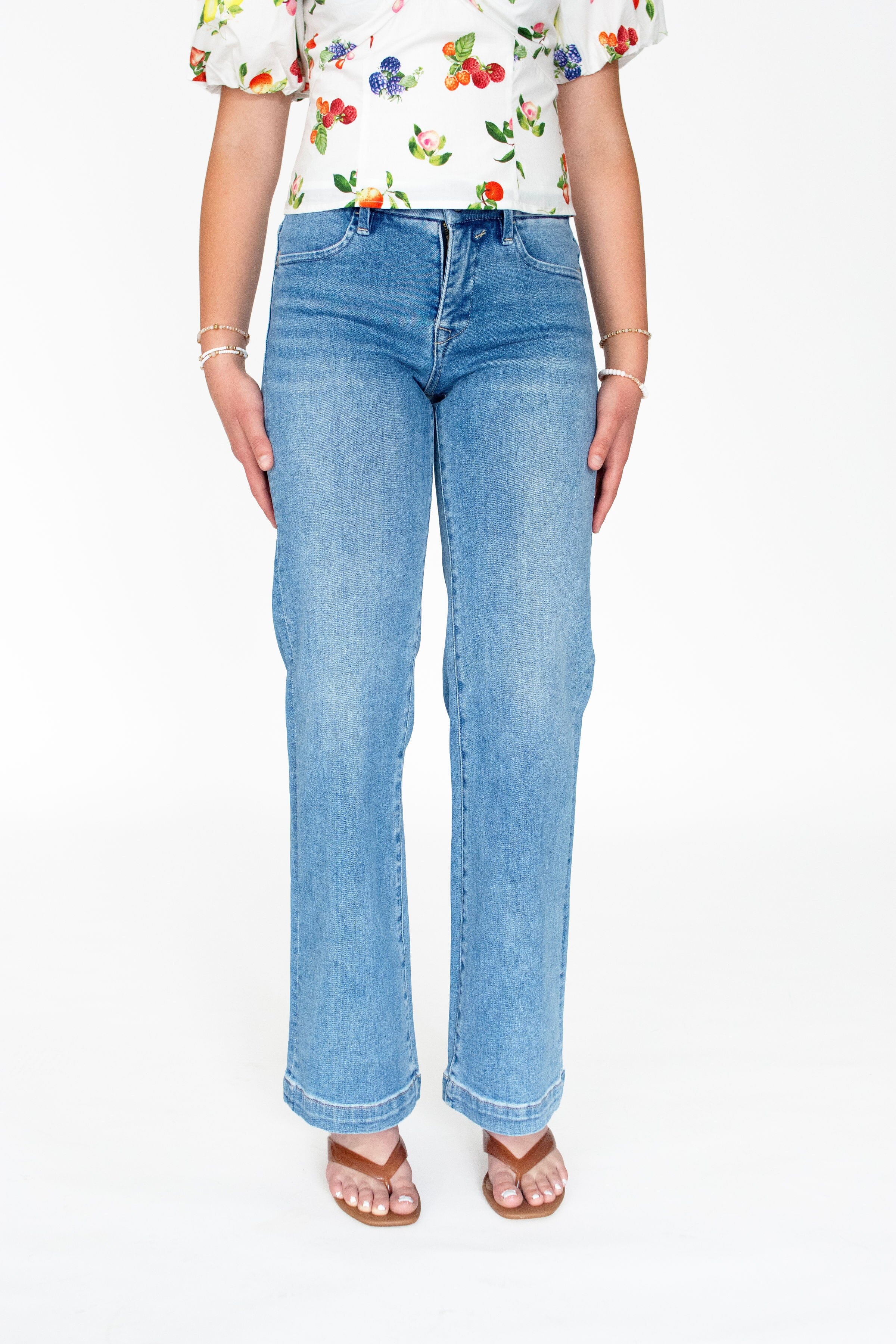 RISEN Tummy Control Mid-Rise Wide-Leg Jeans - Medium Wash