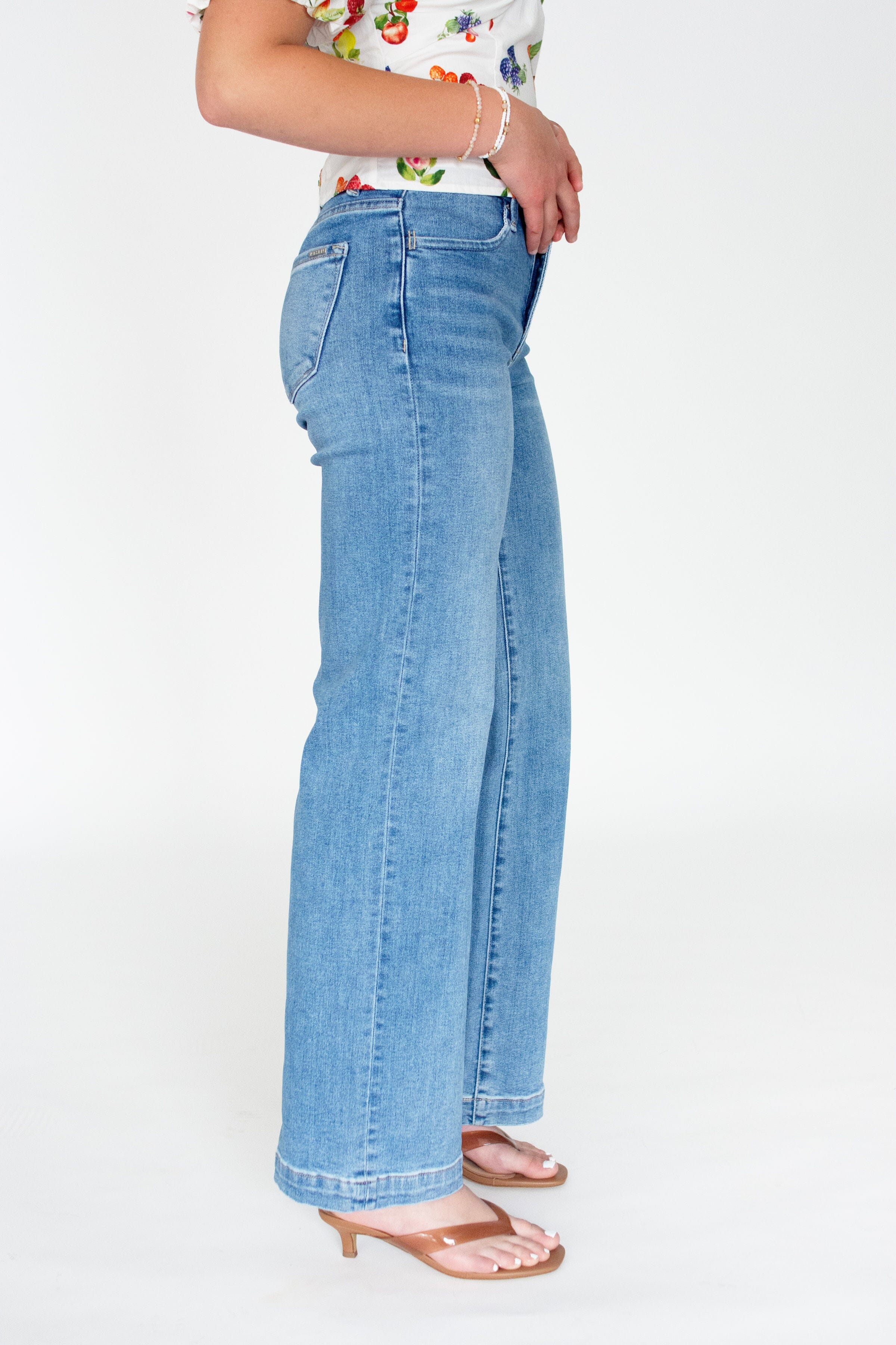 RISEN Tummy Control Mid-Rise Wide-Leg Jeans - Medium Wash
