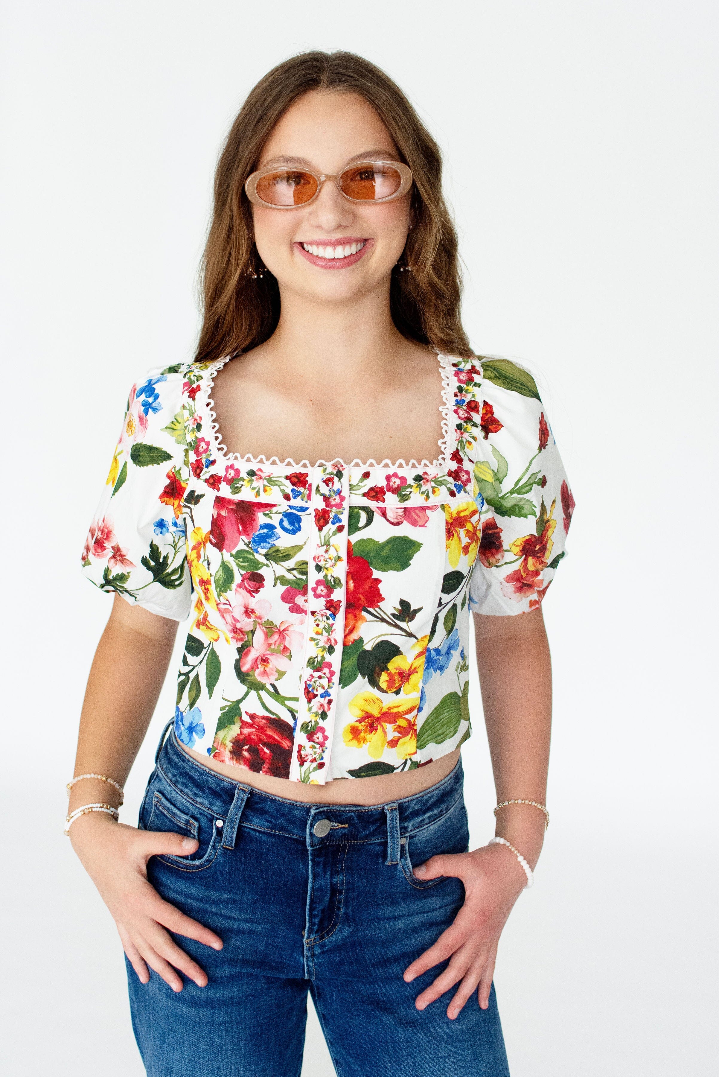 Vintage Floral Puff Sleeve Smocked Crop Top