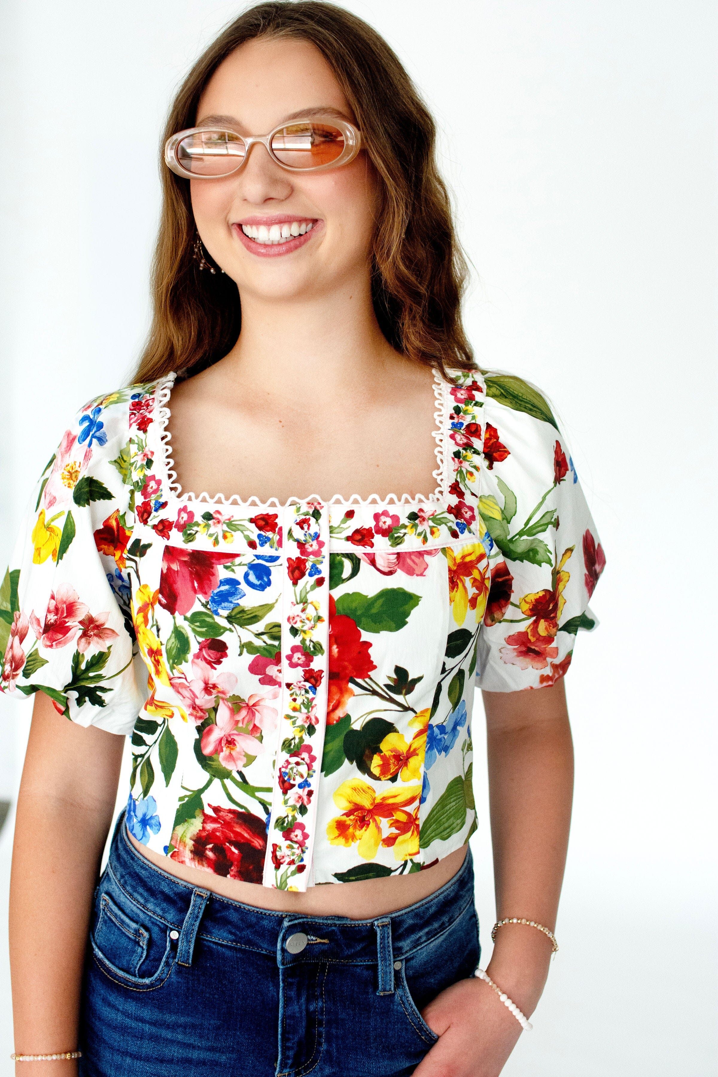 Vintage Floral Puff Sleeve Smocked Crop Top