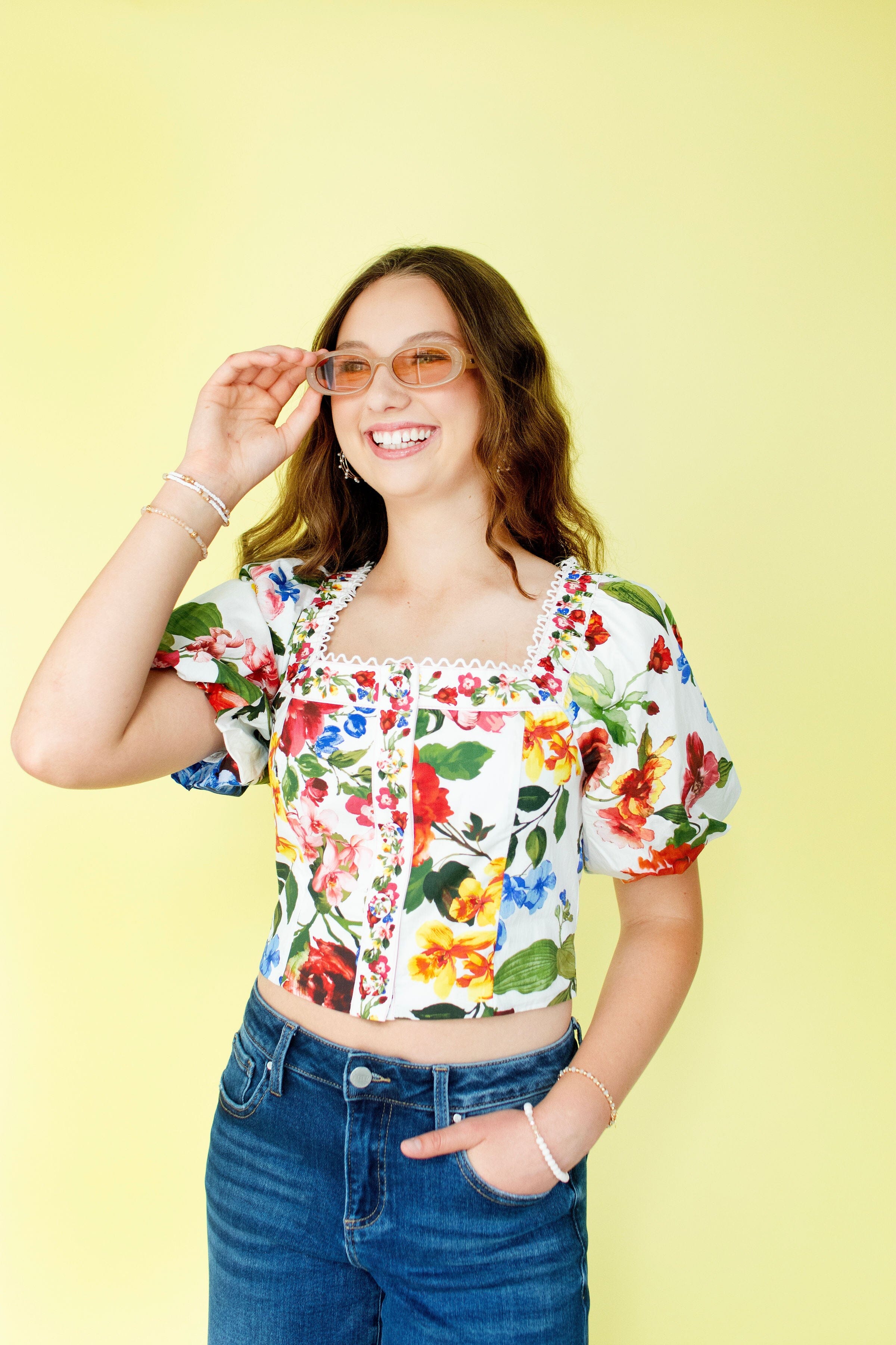 Vintage Floral Puff Sleeve Smocked Crop Top