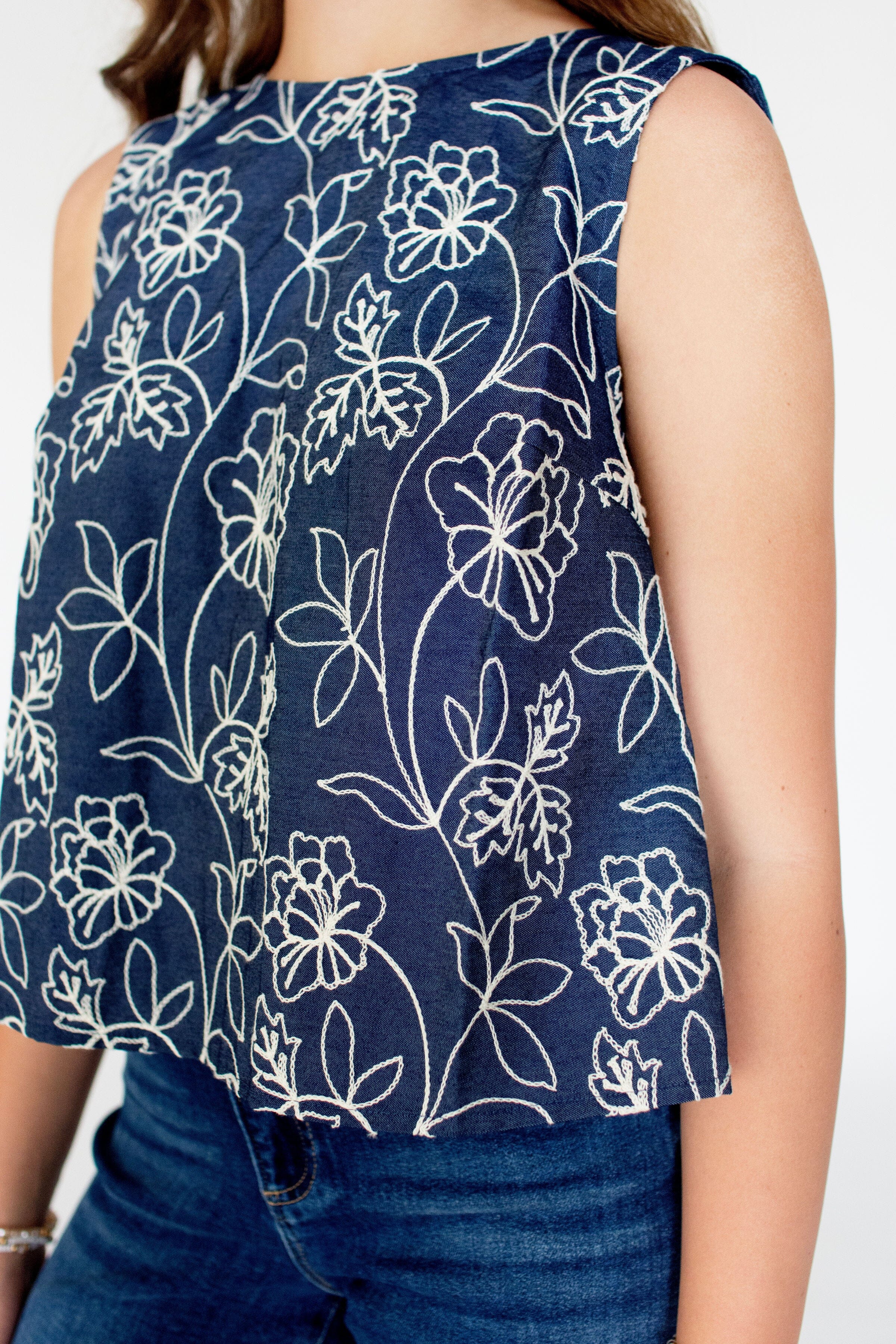 Coastal Chambray Embroidered Blouse with Statement Bow Back