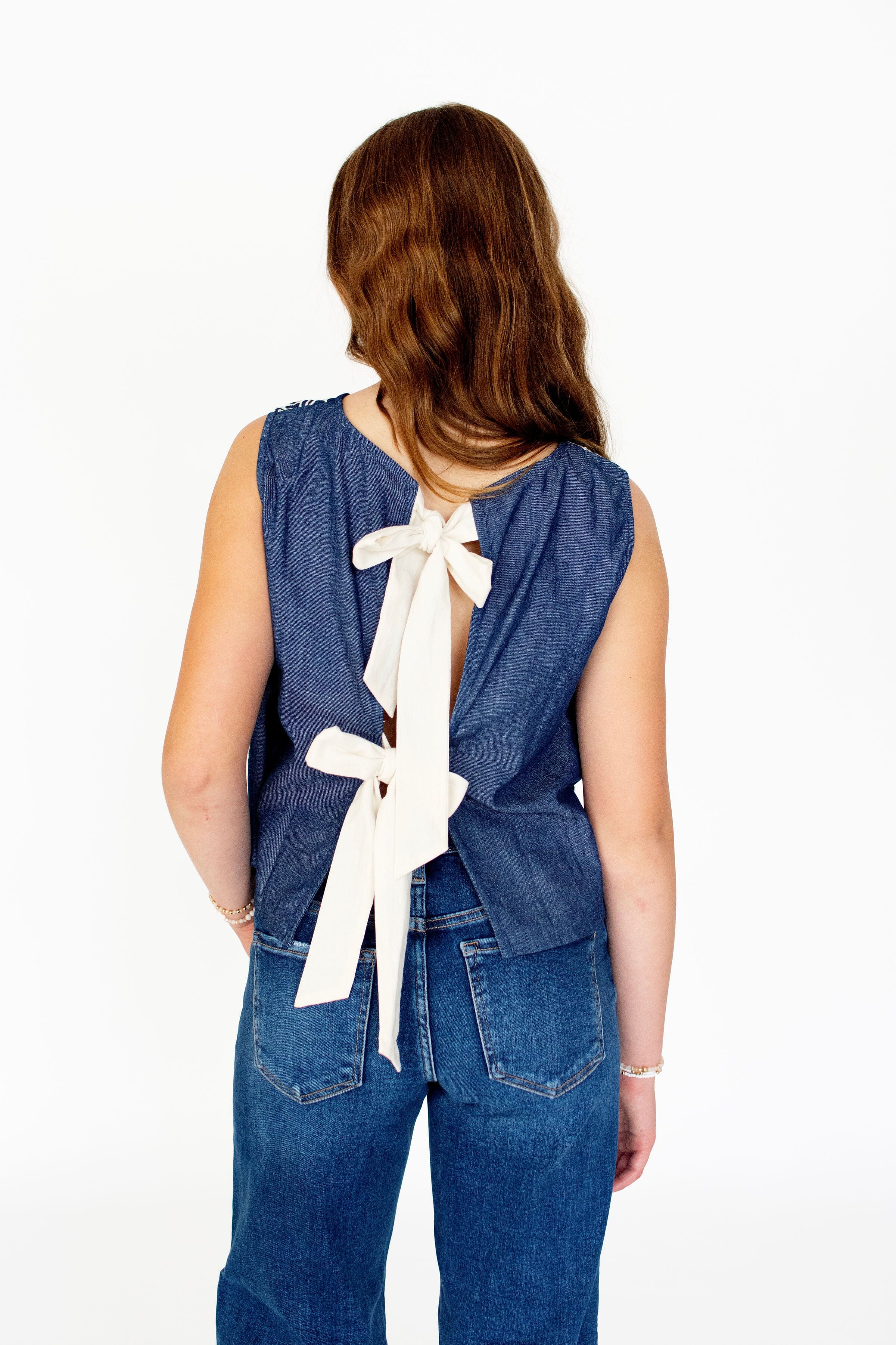 Coastal Chambray Embroidered Blouse with Statement Bow Back