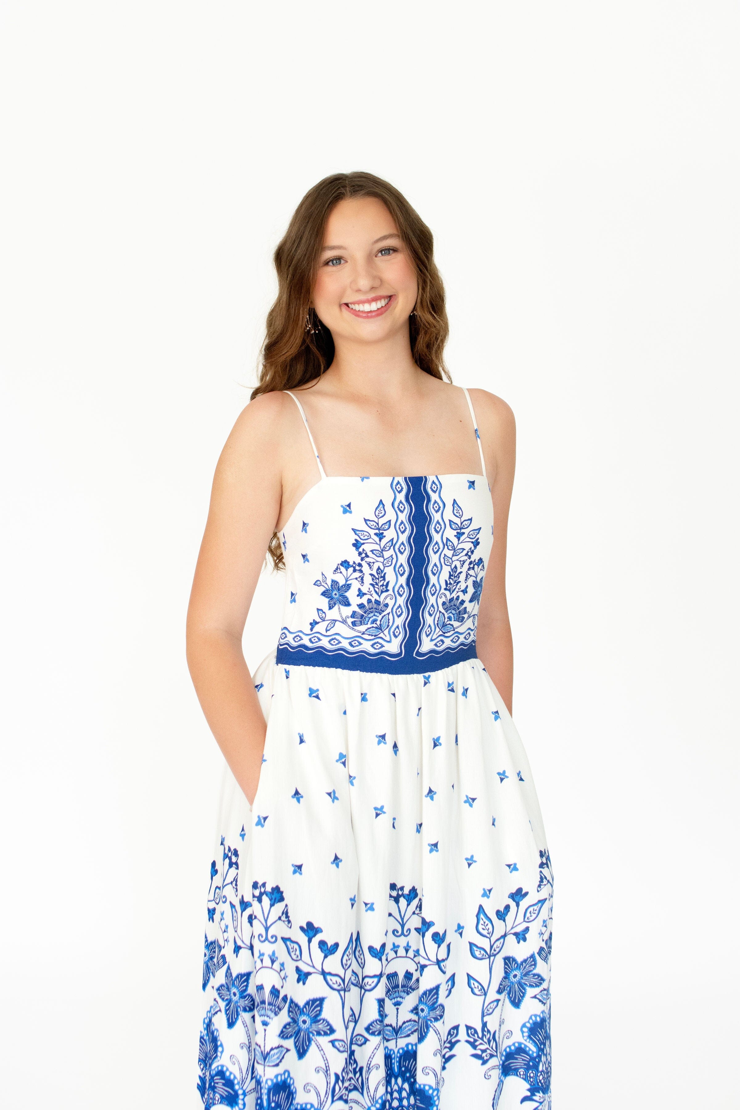 Serene Blue Floral Border Print Maxi Dress