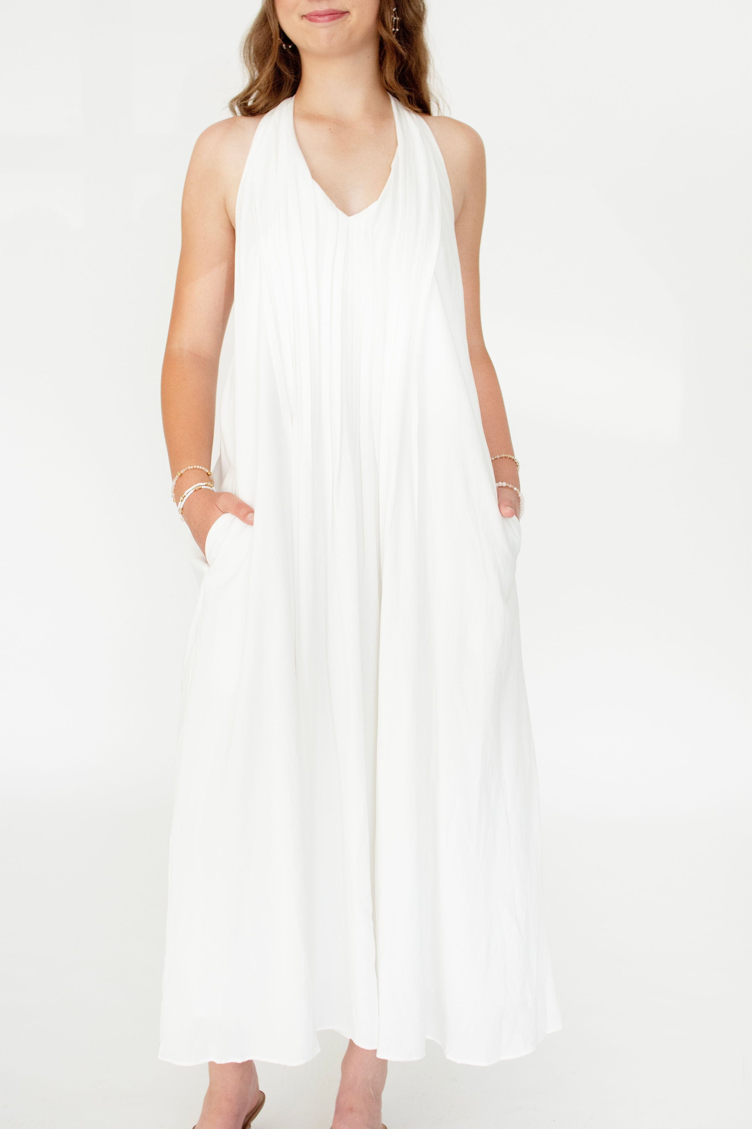 Serene Pintuck Halter Midi Dress – Off White