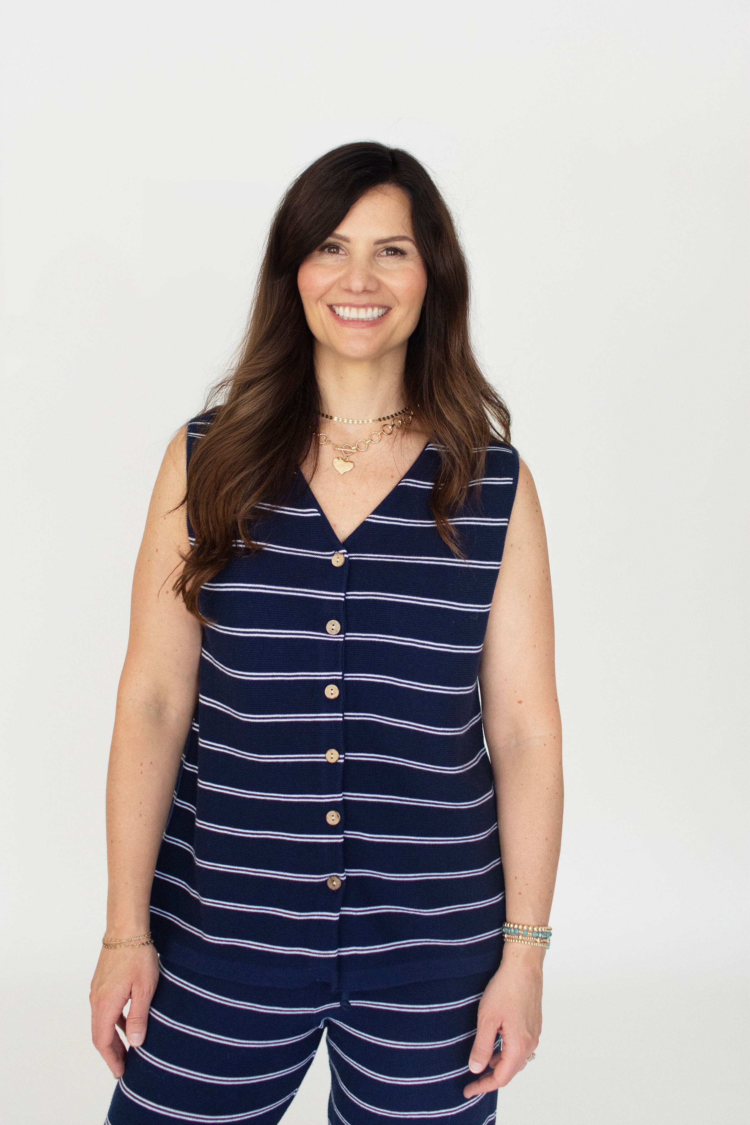 Navy Stripe Linen-Cotton Sleeveless Sweater Top