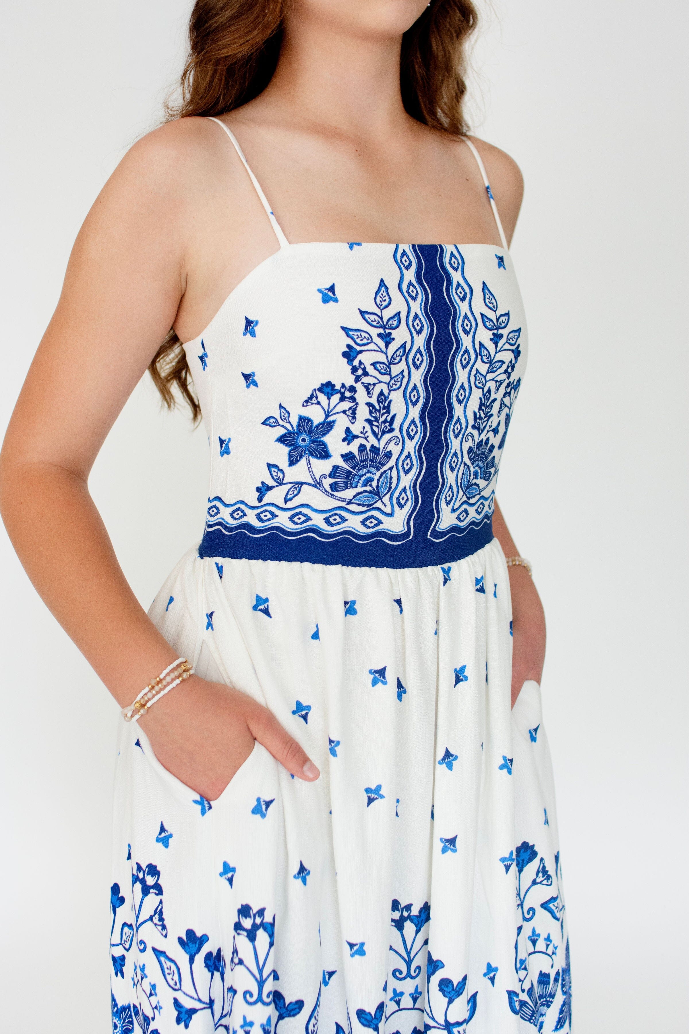 Serene Blue Floral Border Print Maxi Dress