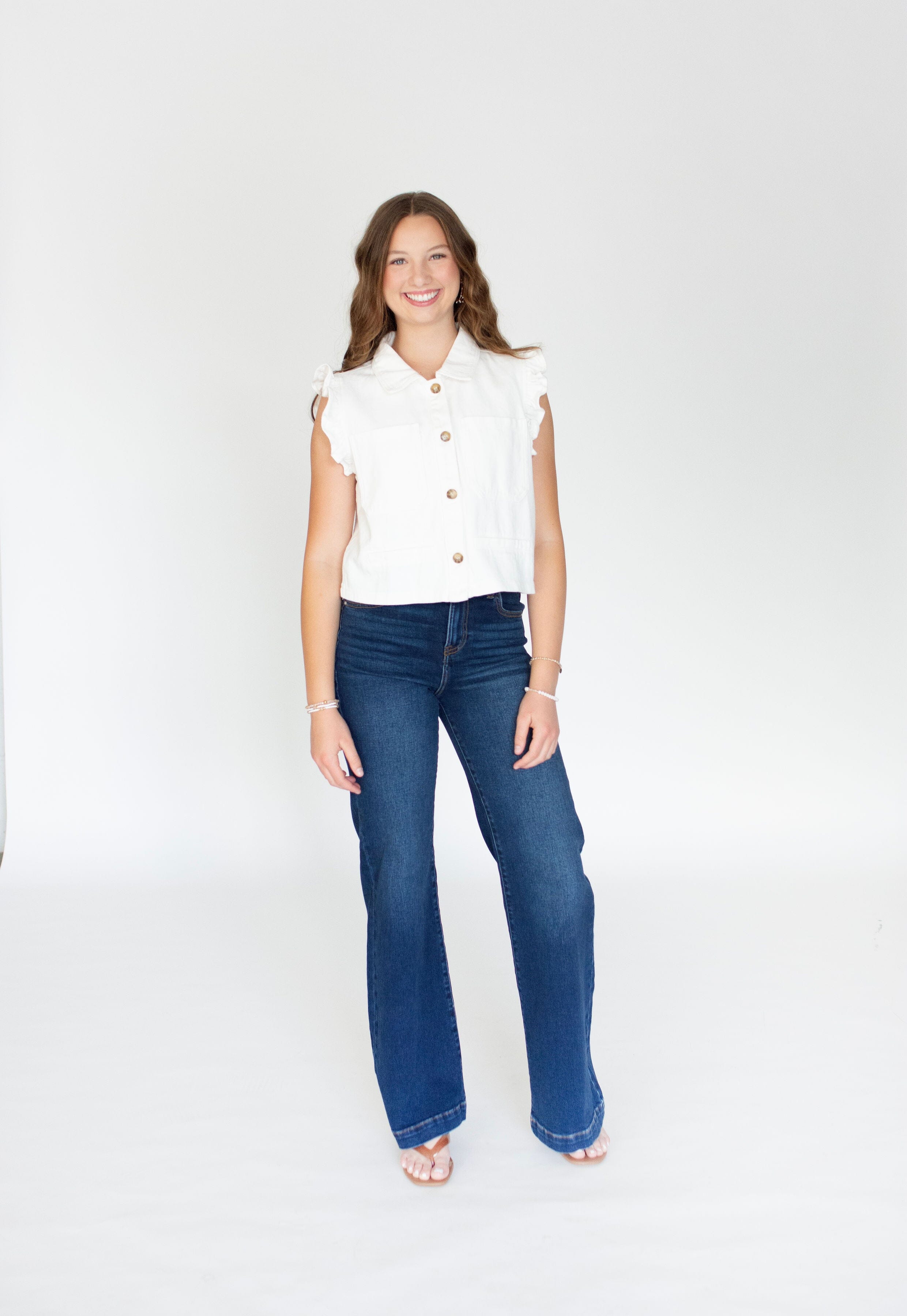 Chic White Ruffle Sleeve Button-Down Twill Vest