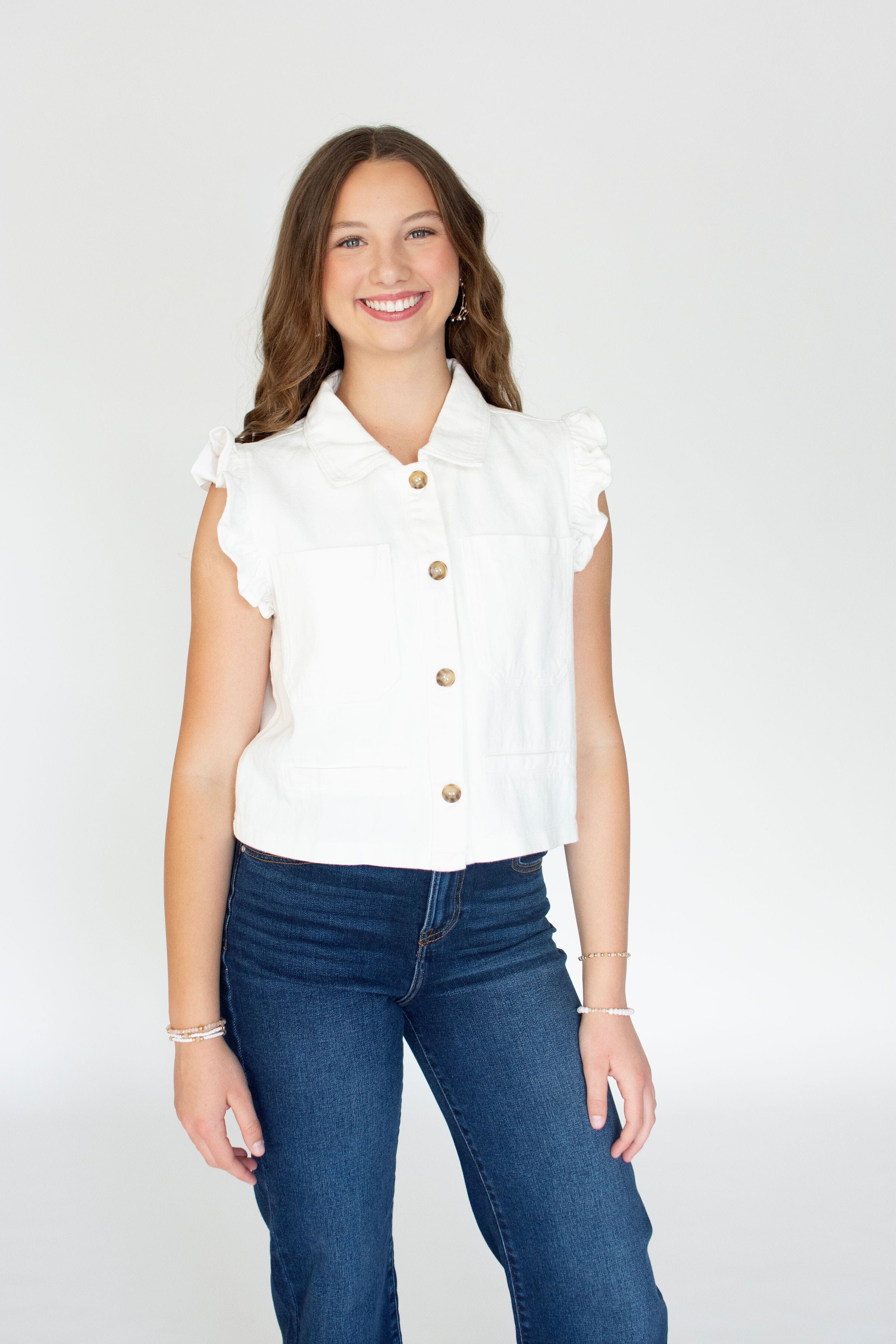 Chic White Ruffle Sleeve Button-Down Twill Vest
