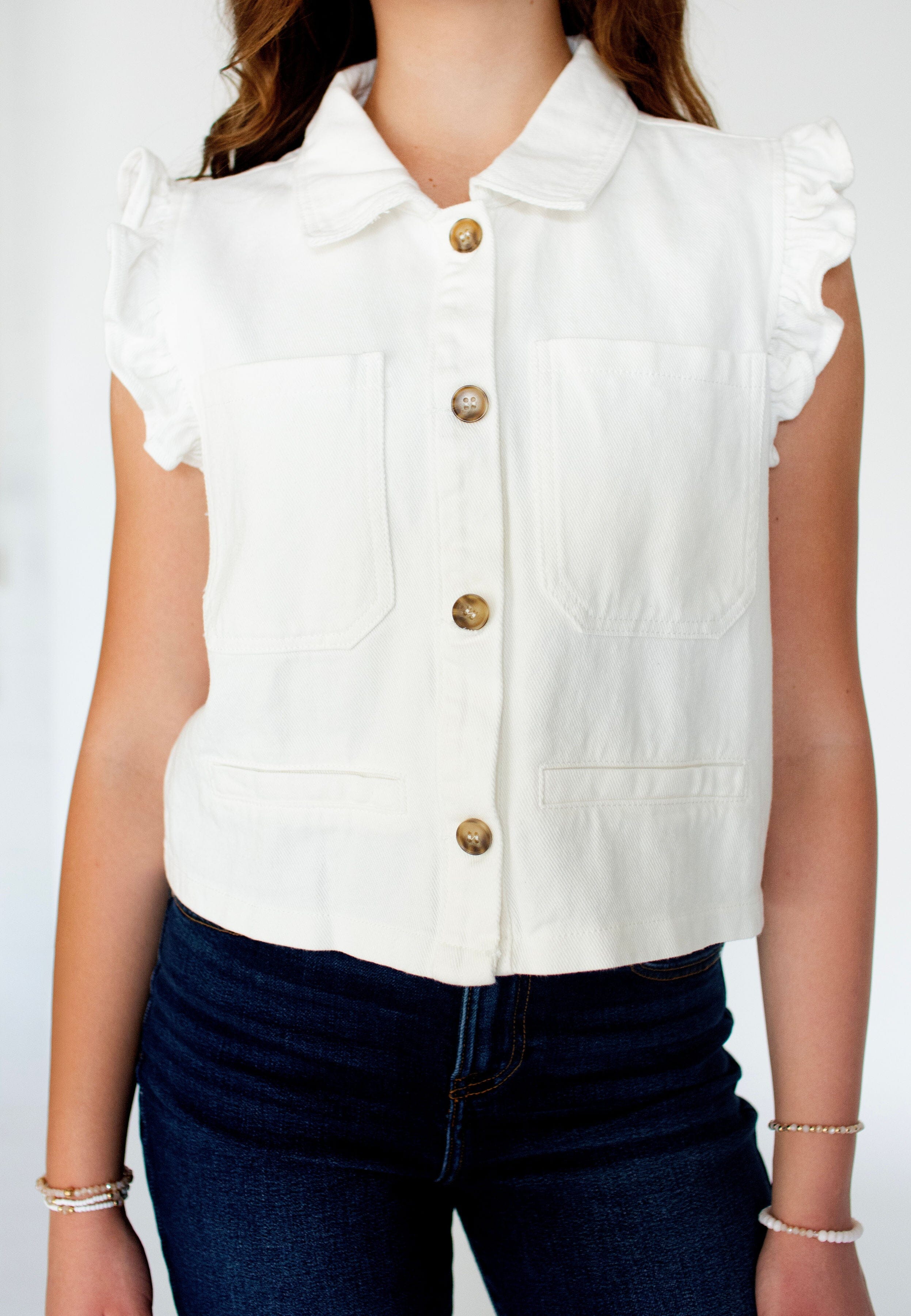 Chic White Ruffle Sleeve Button-Down Twill Vest