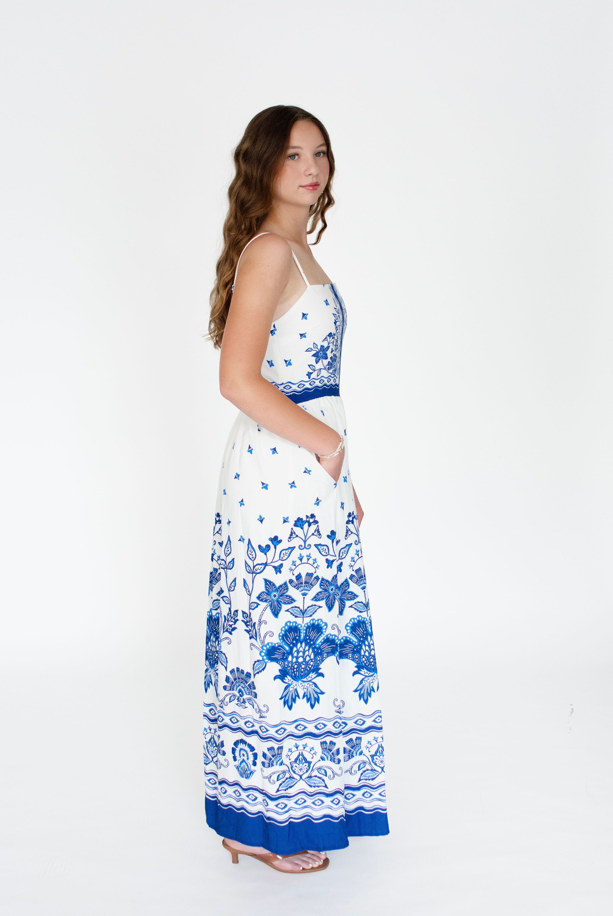Serene Blue Floral Border Print Maxi Dress
