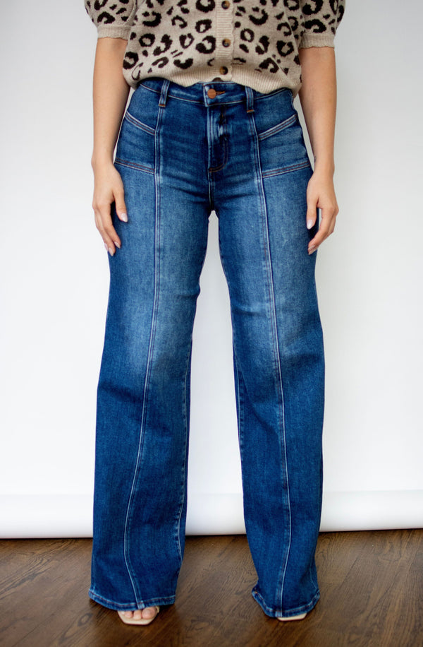 RISEN Dark Wash Mid Rise Wide Leg Patch Pocket Jeans