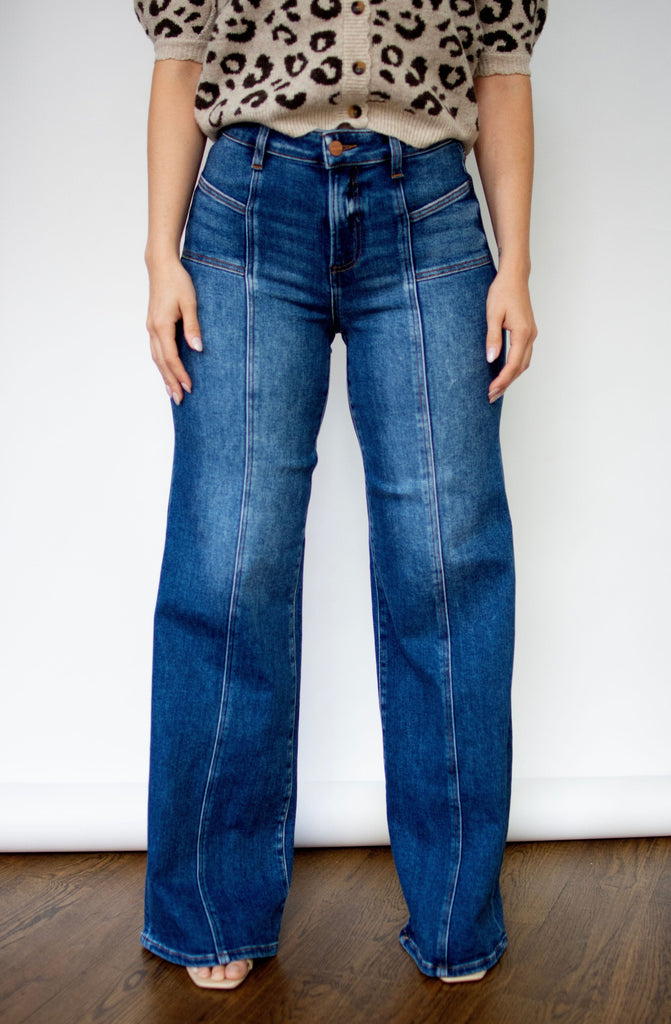 RISEN Dark Wash Mid Rise Wide Leg Patch Pocket Jeans