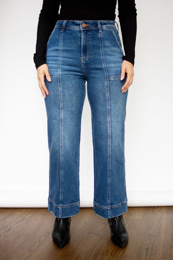 RISEN Dark Wash High Rise Crop Straight Front Seam Detailed Jeans