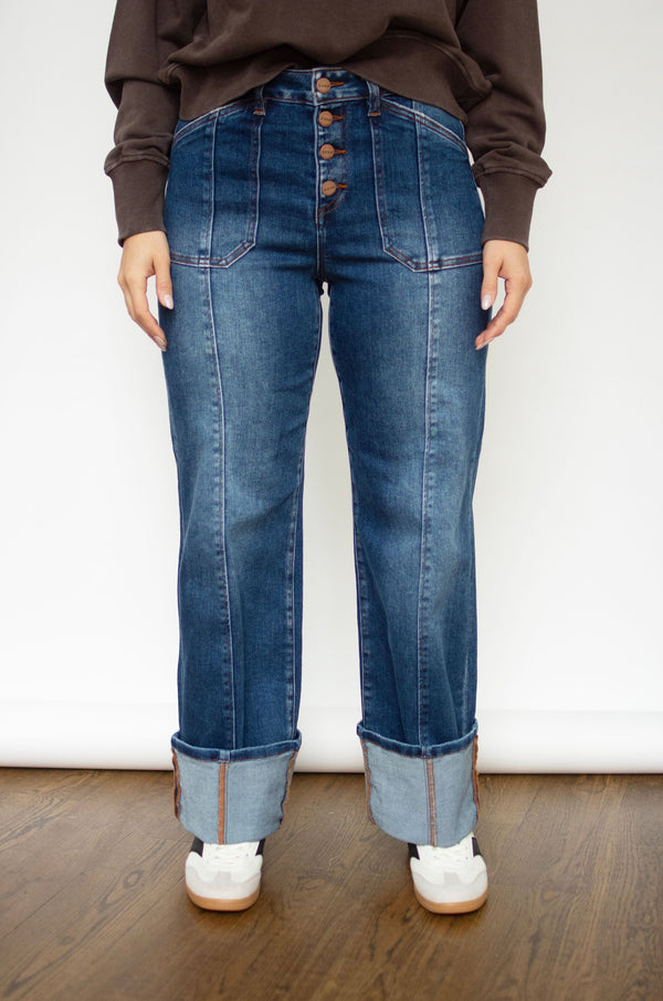 RISEN Dark Wash High Rise Crop Wide Straight Cuffed Jeans